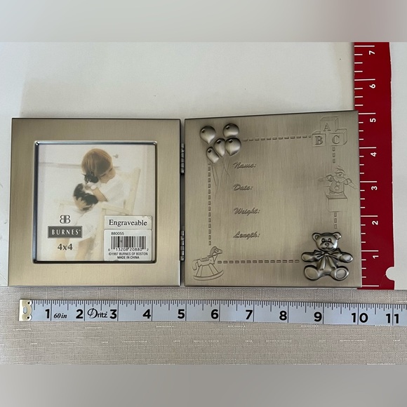 Burnes of Boston ENGRAVEABLE baby picture frame. Pewter “4x4” embossed bear. - Picture 2 of 12